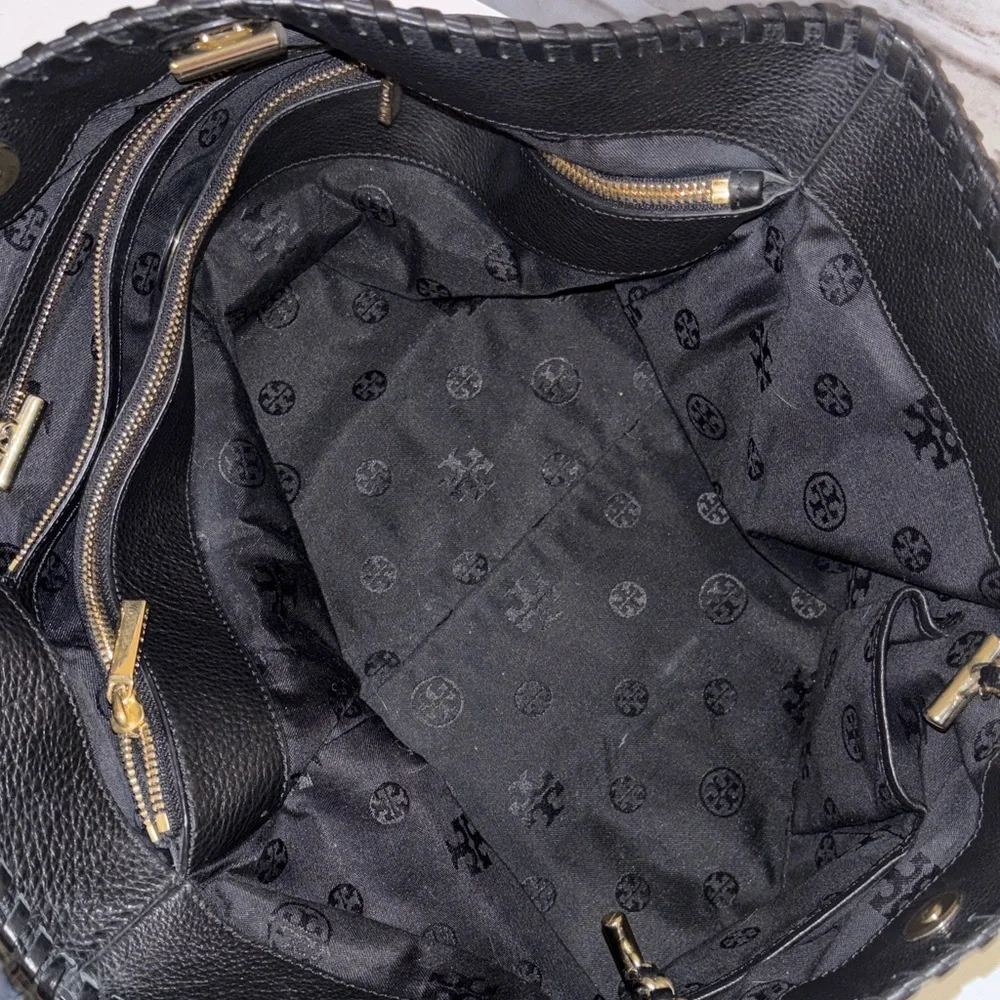 LIKE NEW Tory Burch Black Pebbled Leather Tote with Gold Chain - Picture 8 of 15